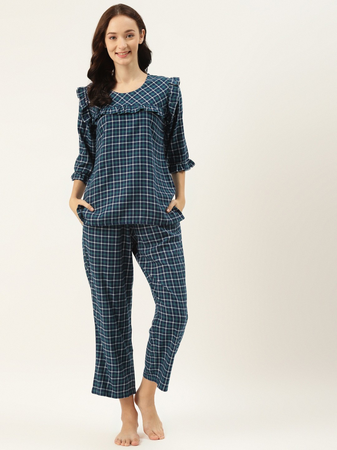 

COTCLO Women Green & Navy Blue Pure Cotton Checked Night suit