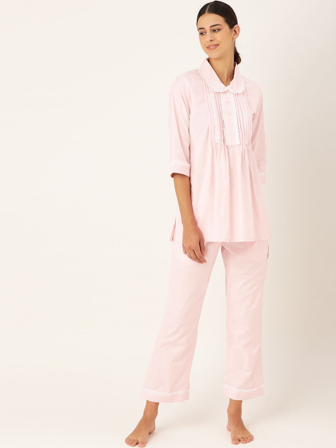

COTCLO Women Pink Pure Cotton Night suit With Lacework