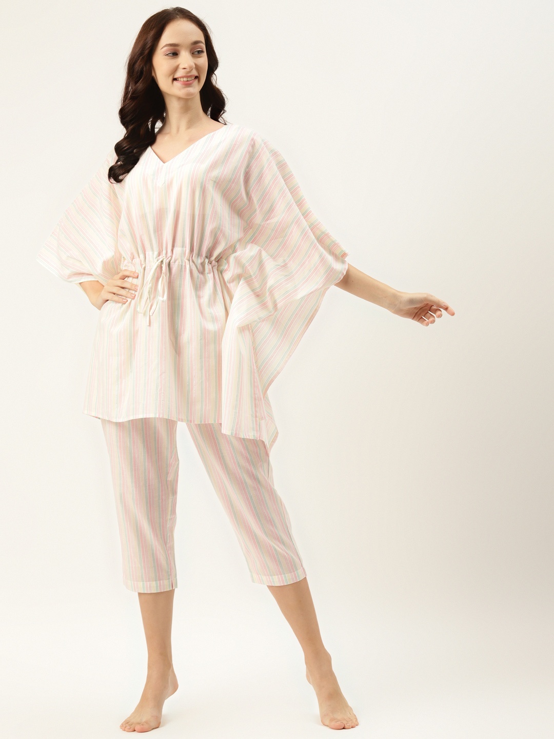 

COTCLO Women Off White & Pink Pure Cotton Striped Capri Set