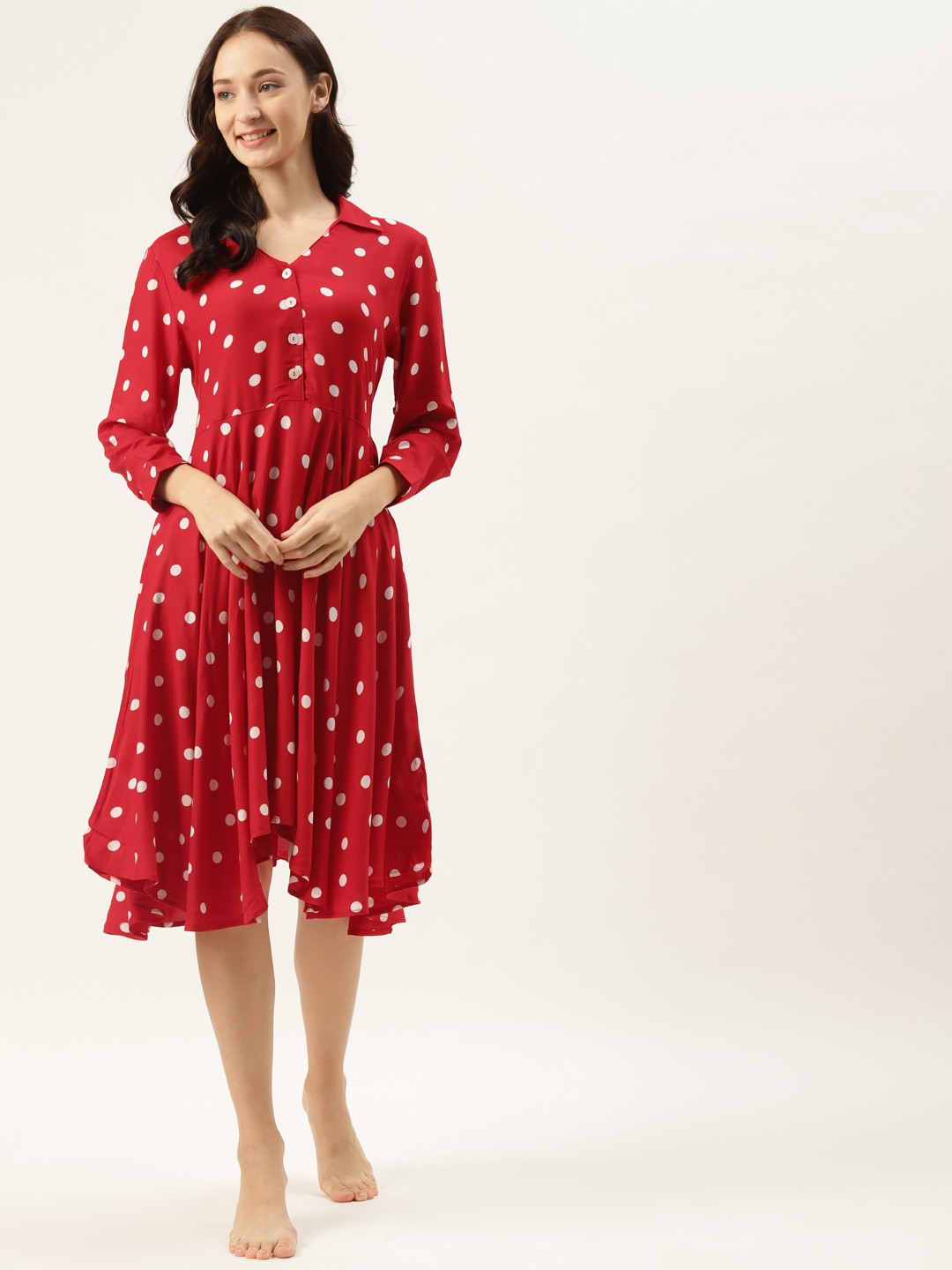 

COTCLO Red & White Polka Dots Print Belted Nightdress with Pockets