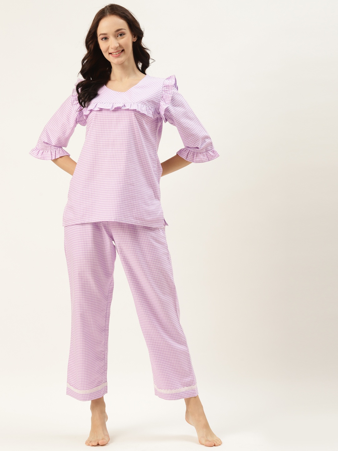 

COTCLO Women Purple & White Pure Cotton Checked Pyjama Set