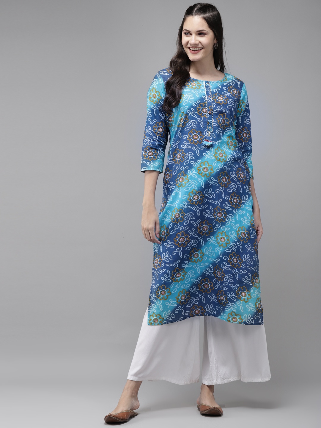 

Yufta Women Blue & Orange Bandhani Print Pure Cotton Straight Kurta