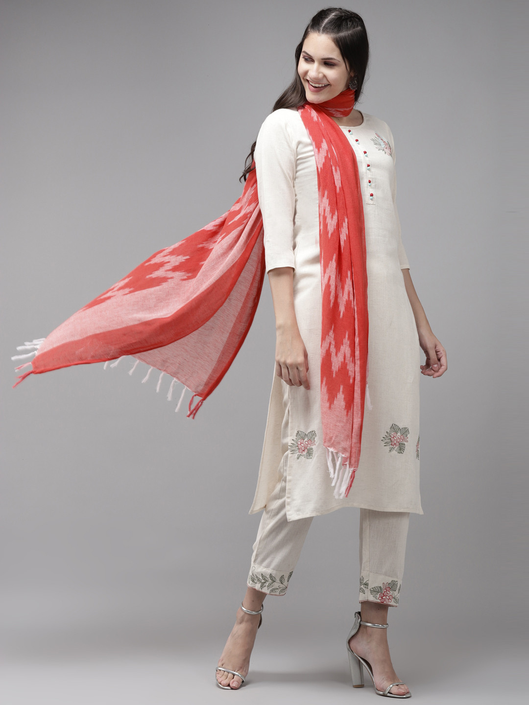 

Yufta Women White Ethnic Motifs Printed Thread Work Kurta with Trousers & With Dupatta