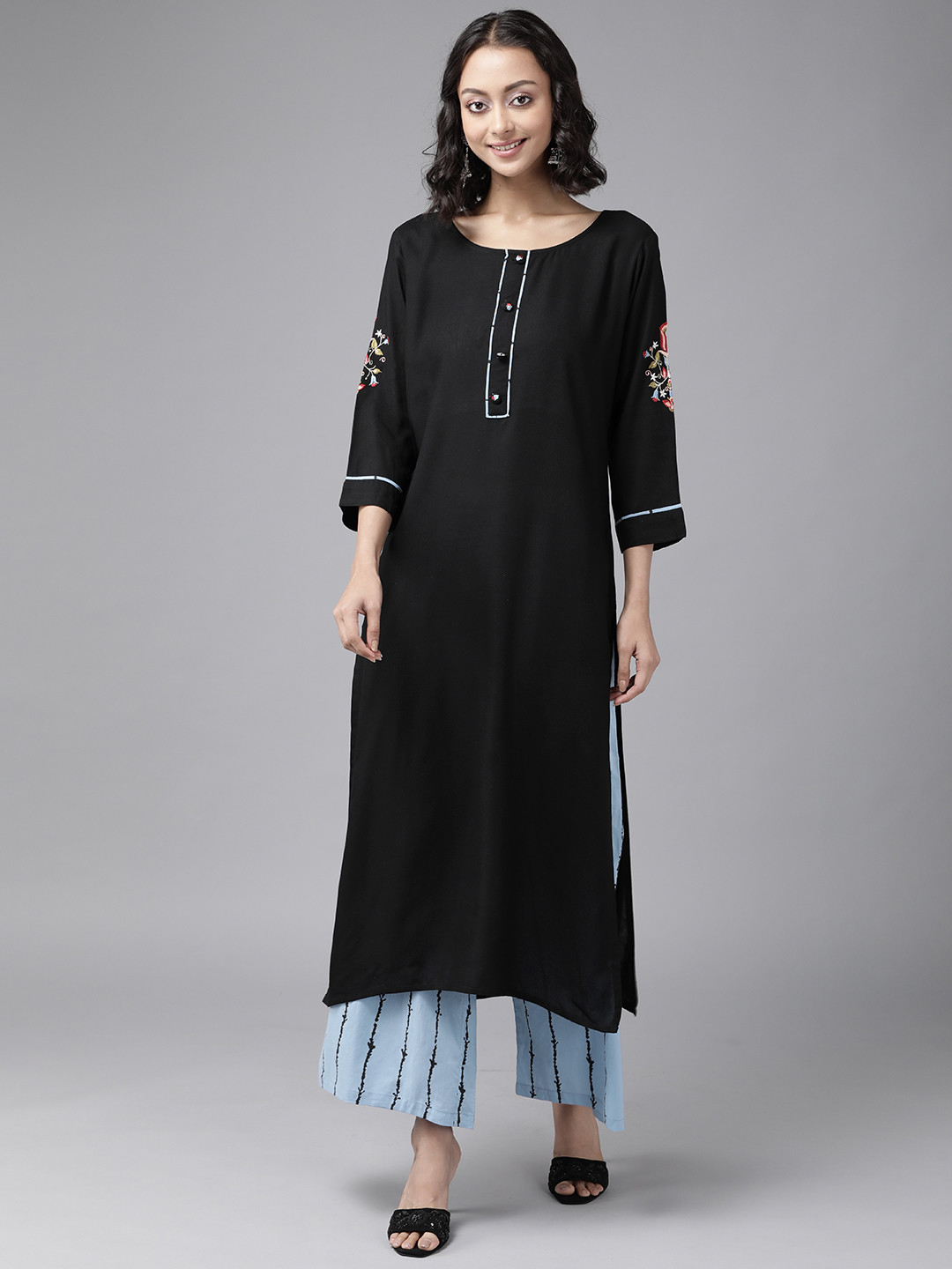 

Yufta Women Black Thread Work Kurta with Palazzos