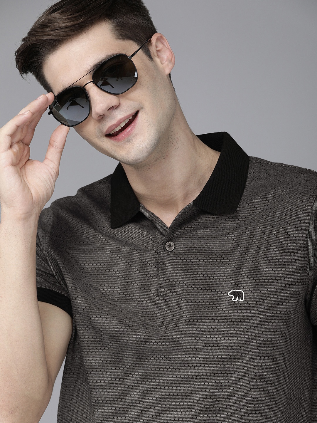 

THE BEAR HOUSE Men Charcoal Grey Self Design Polo Collar Slim Fit Pure Cotton T-shirt