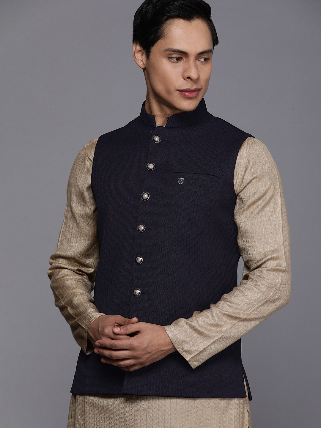 

Manyavar Men Navy Blue Self Design Nehru Jacket with Brooch