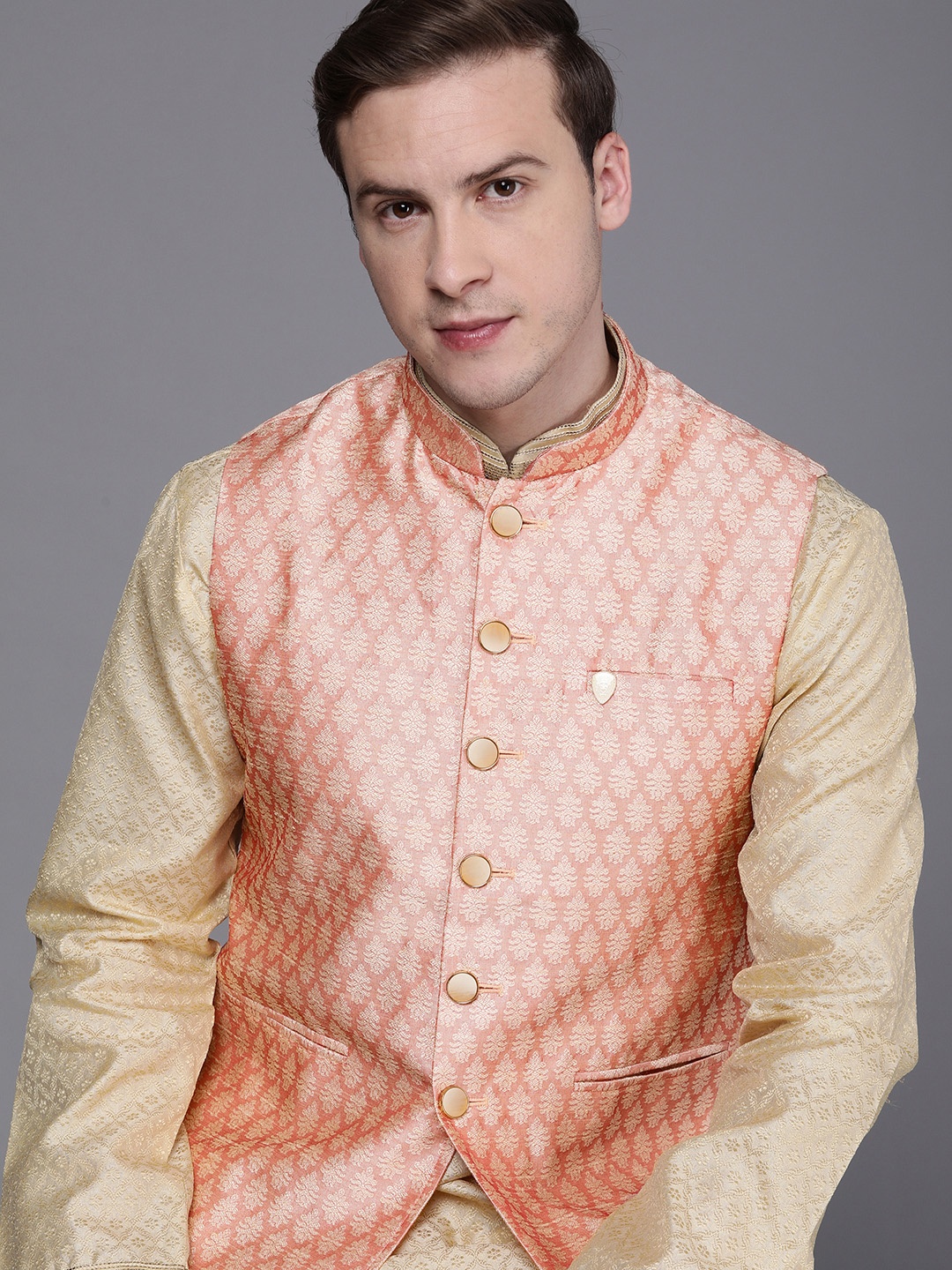 

Manyavar Peach Coloured & Beige Art Silk Jacquard Woven Design Nehru Jacket
