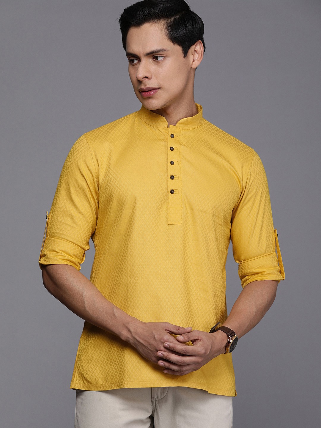 

Manyavar Men Mustard Yellow Ethnic Motifs Woven Design Short Kurta