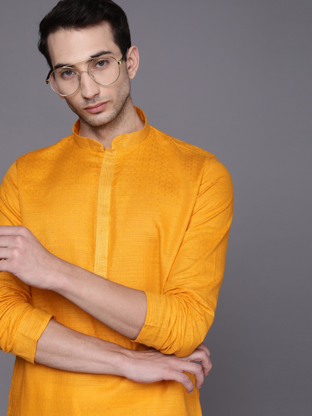 

Manyavar Men Mustard Yellow Regular Kurta with Pyjamas