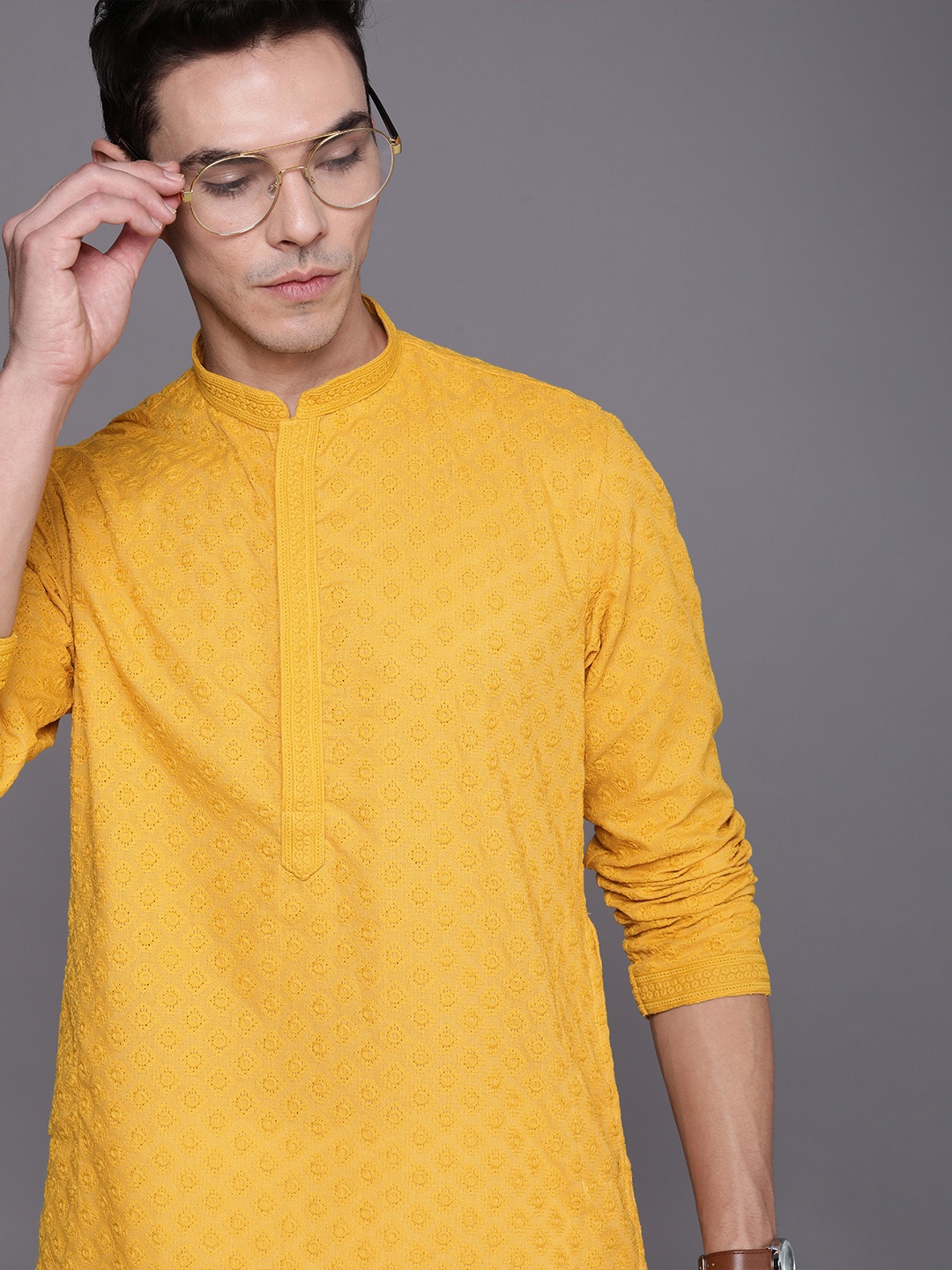

Manyavar Men Yellow Regular Kurta with Churidar