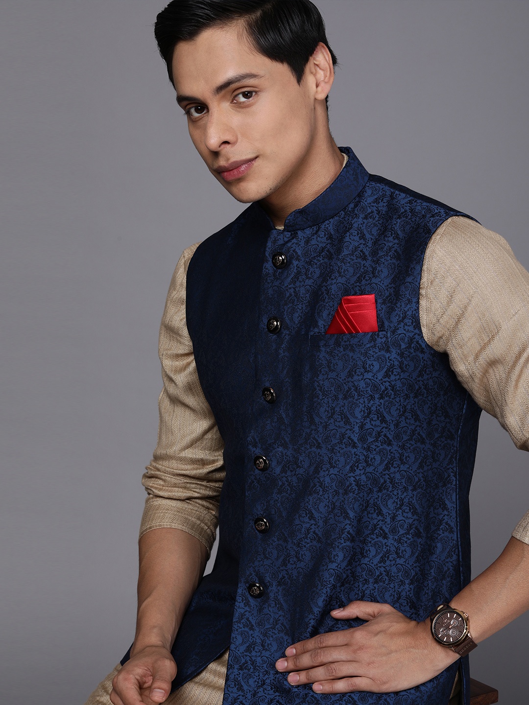 

Manyavar Men Blue Woven Design Nehru Jacket with Pocket Square