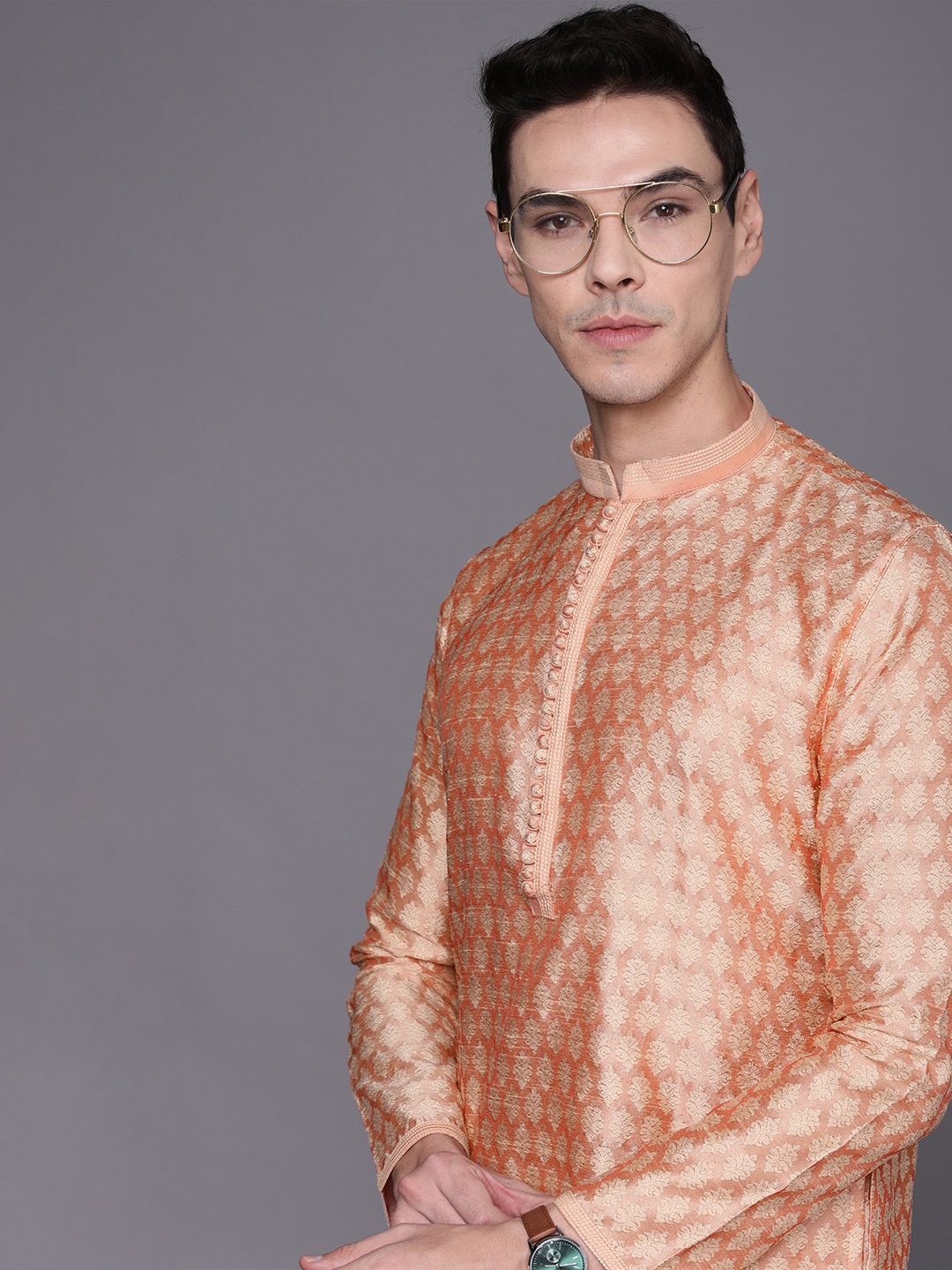 

Manyavar Men Peach-Coloured Regular Kurta with Pyjamas