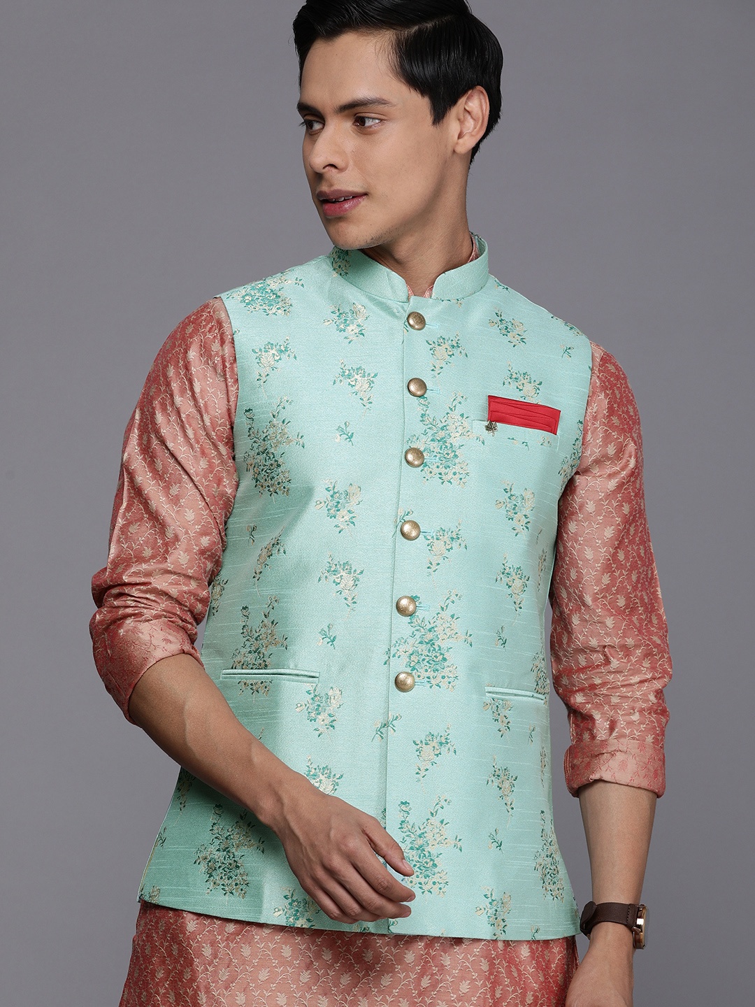 

Manyavar Men Blue & Beige Woven Design Nehru Jacket with Pocket Square