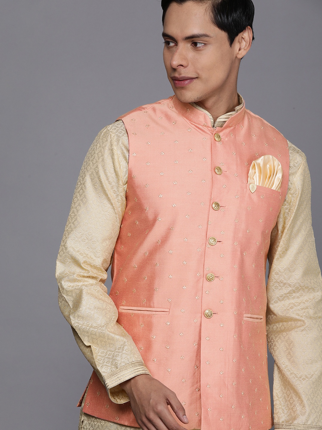 

Manyavar Peach Coloured & Beige Art Silk Self Design Nehru Jacket