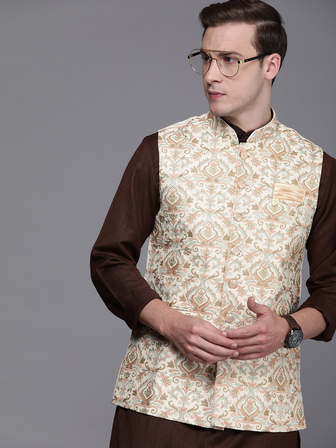 

Manyavar Off-White Art Silk Embroidered Nehru Jacket