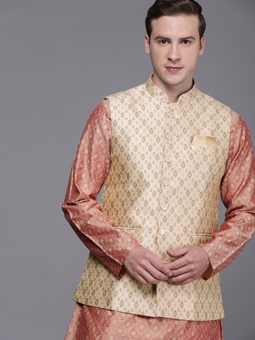 

Manyavar Beige Art Silk Jacquard Woven Design Nehru Jacket