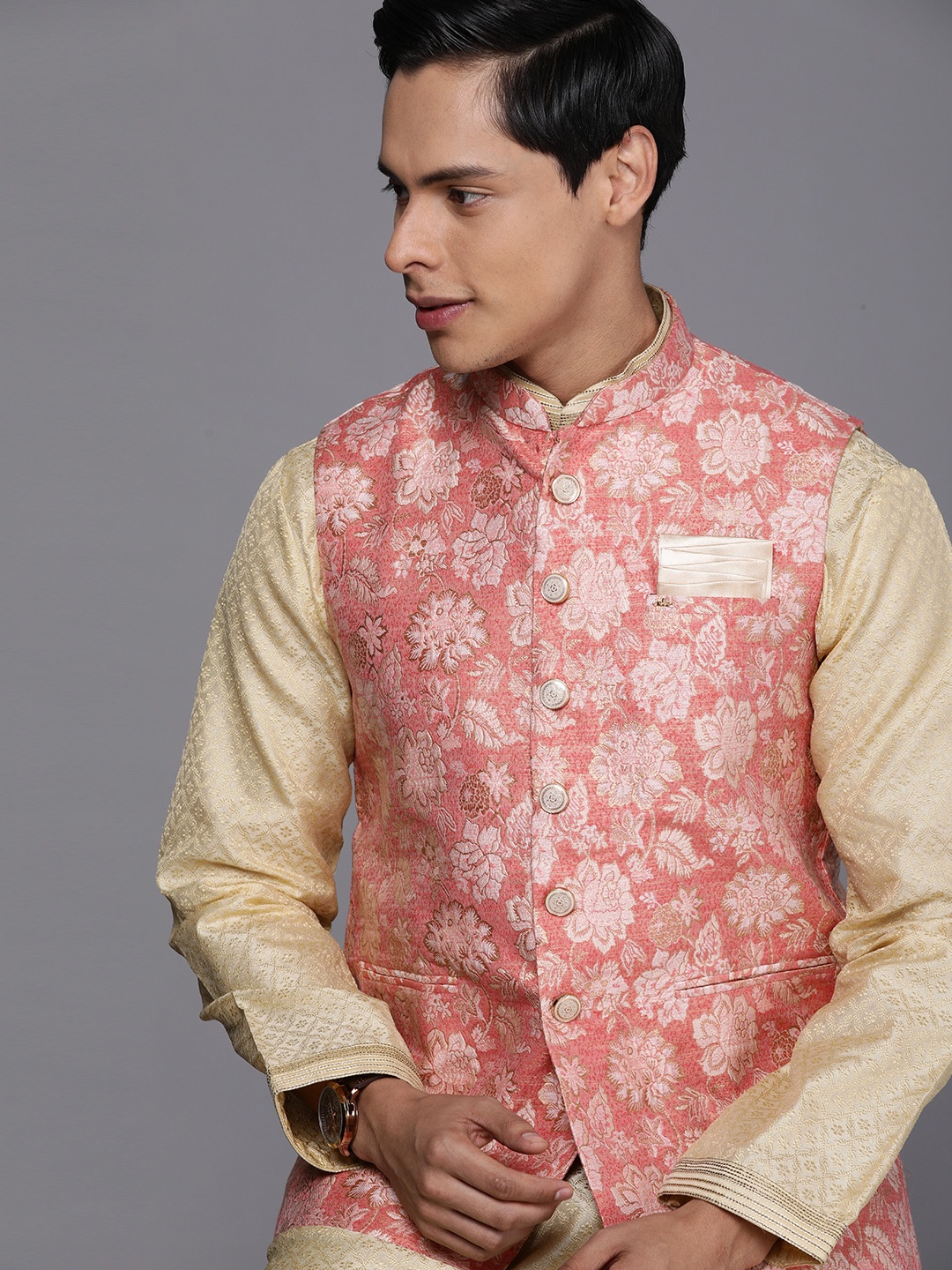 

Manyavar Coral Red & Beige Art Silk Jacquard Woven Design Nehru Jacket