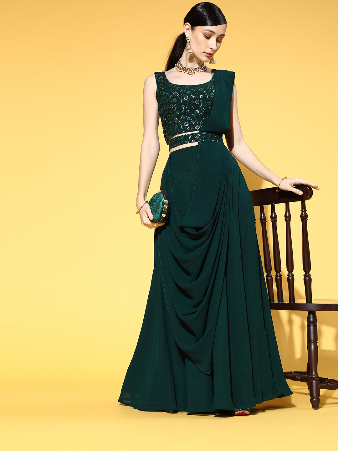 

Libas Enchanting Green Colour Classy Embroidered Lehenga with Solid Choli