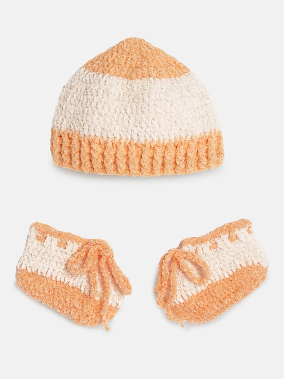 

Magic Needles Kids Peach & Orange Coloured Handmade Cap & Booties Set