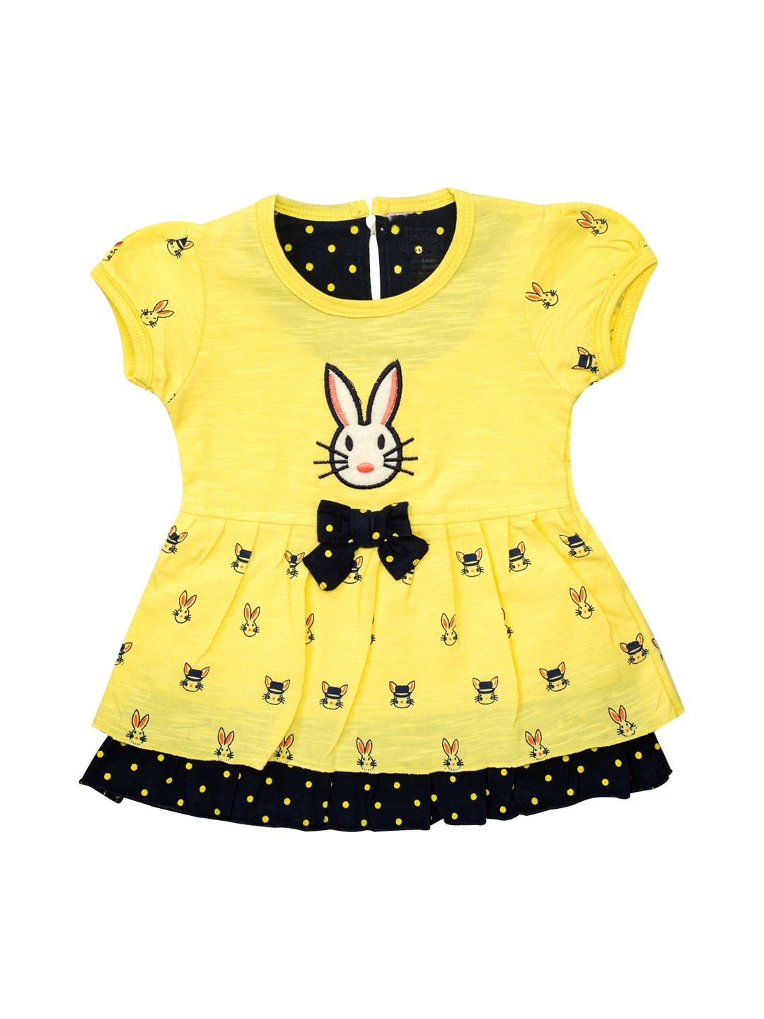 

MeeMee Girls Lemon Yellow Pure Cotton Bunny Printed Fit & Flare Dress, Green