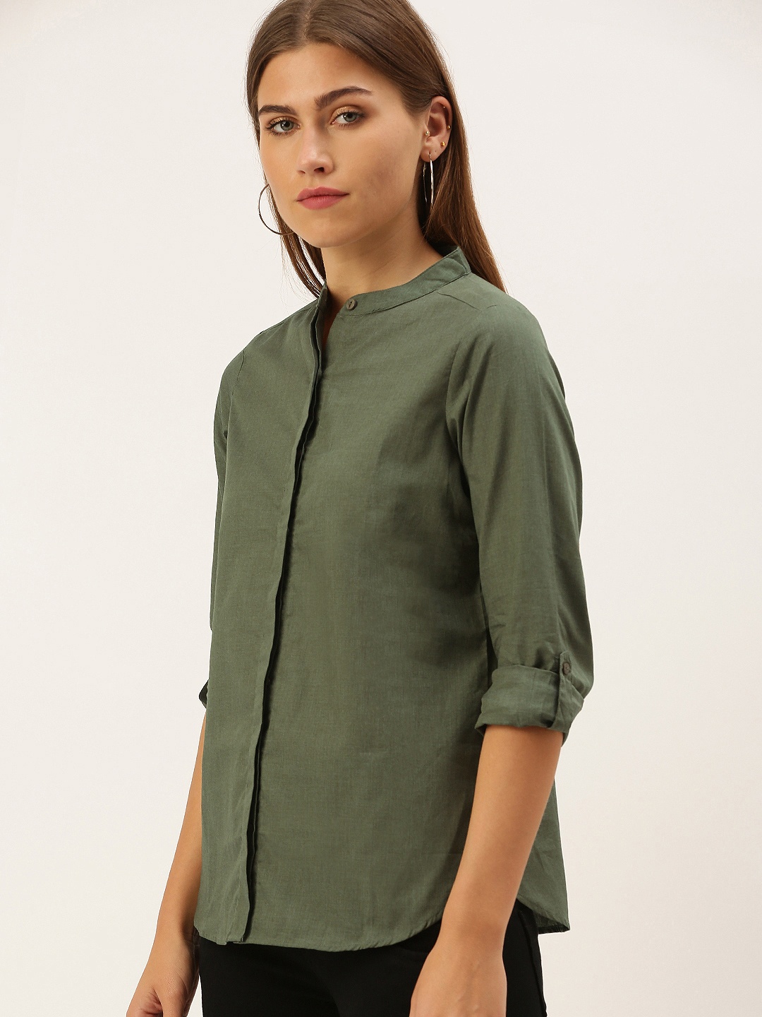 

AND Women Olive Green Solid Regular Top