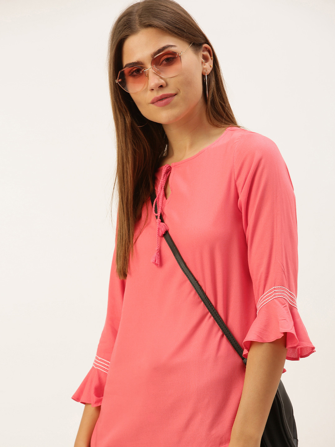 

AND Women Pink Solid Tie-Up Neck Regular Top