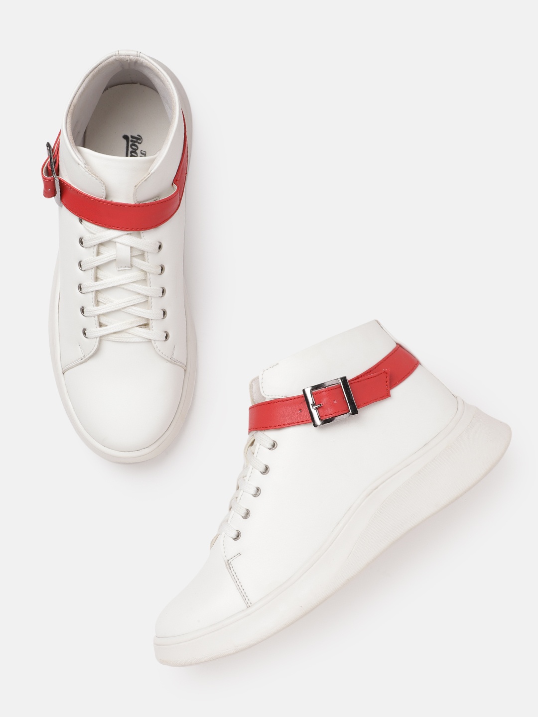 

Roadster Women White & Red Solid Flatform Sneakers with Buckle Detail