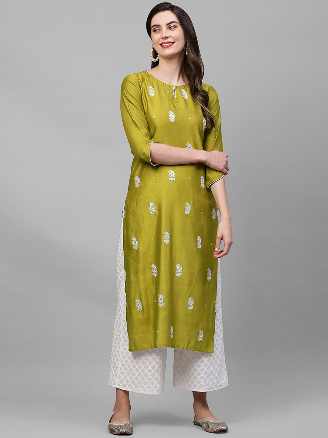 

Indo Era Women Olive Green Ethnic Motifs Embroidered Keyhole Neck Straight Kurta