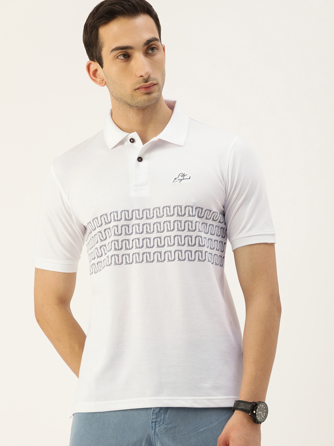 

Peter England Men White & Charcoal Grey Printed Polo Collar T-shirt