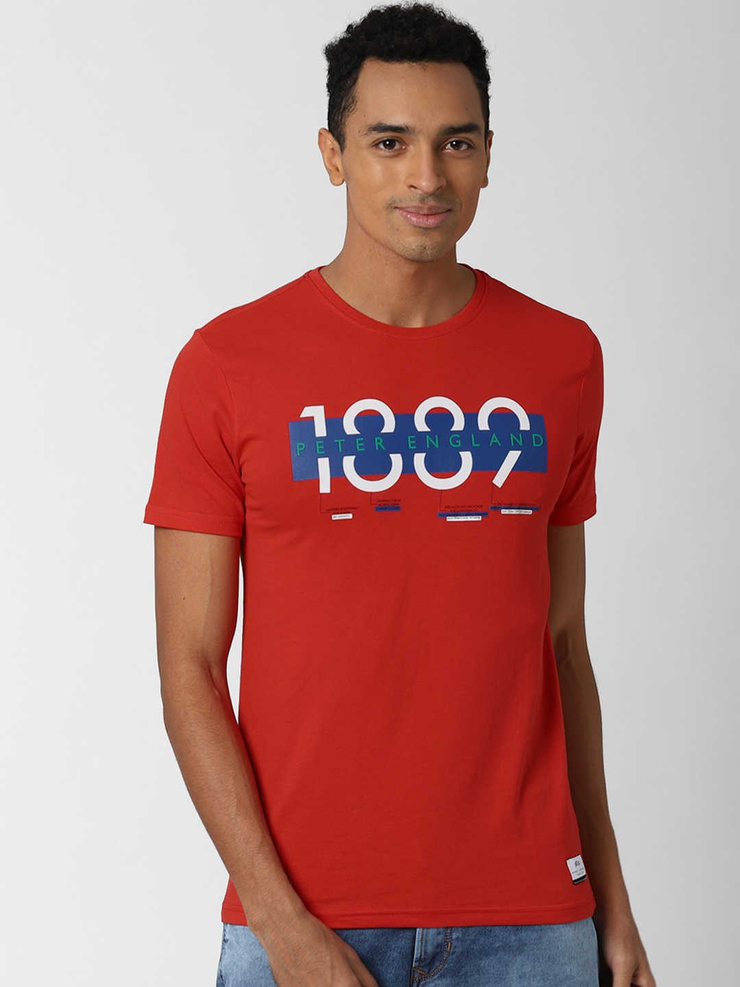 

Peter England Men Red & Blue Brand Logo Printed T-shirt