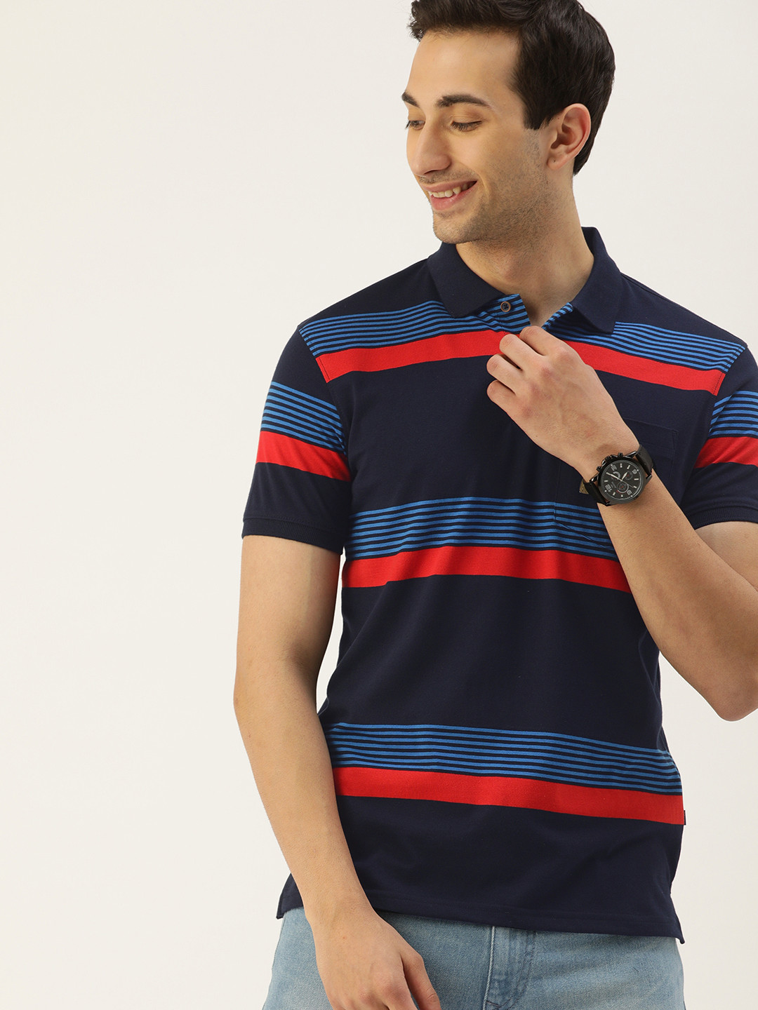 

Peter England Men Navy Blue & Red Striped Polo Collar T-shirt
