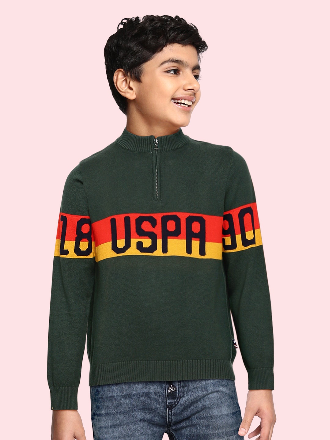 

U.S. Polo Assn. Kids Boys Olive Green Embroidered Pure Cotton Sweater