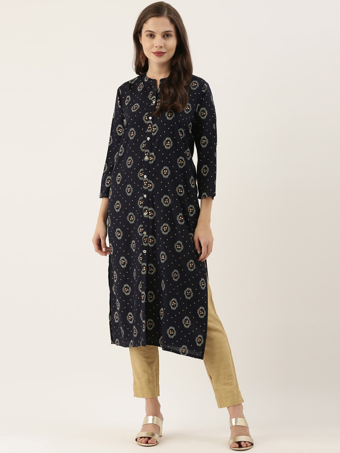 

BEVERLY BLUES Women Navy Blue & Yellow Ethnic Motifs Printed Kurta