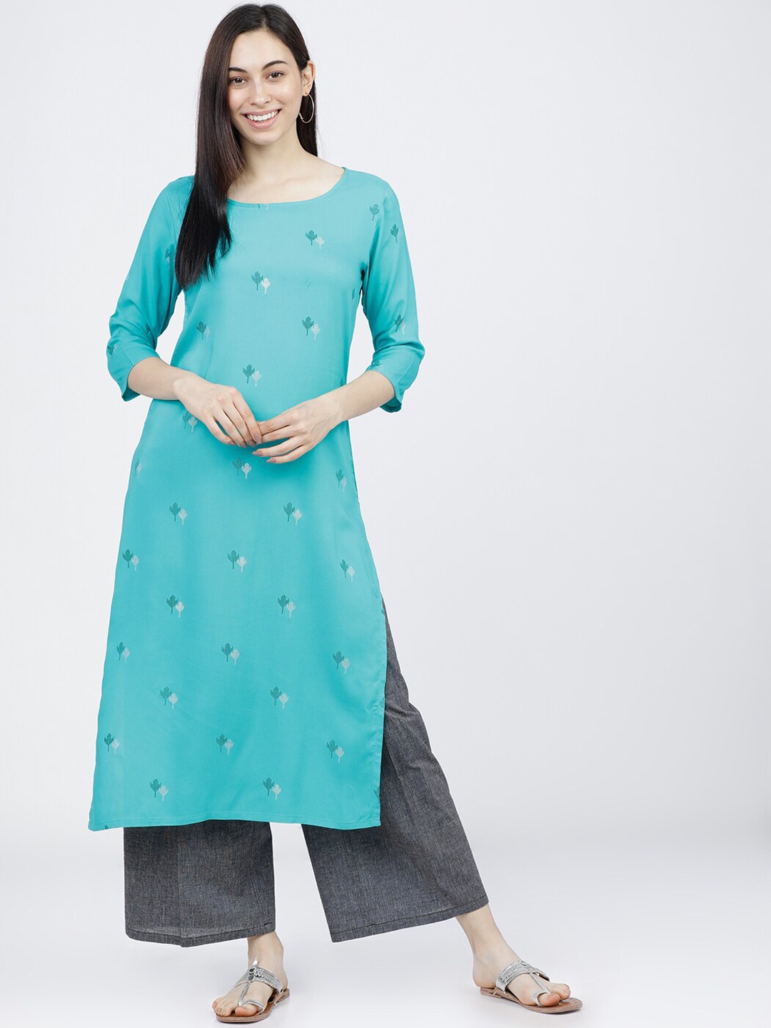 Vishudh Women Turquoise Blue Floral Printed Kurta