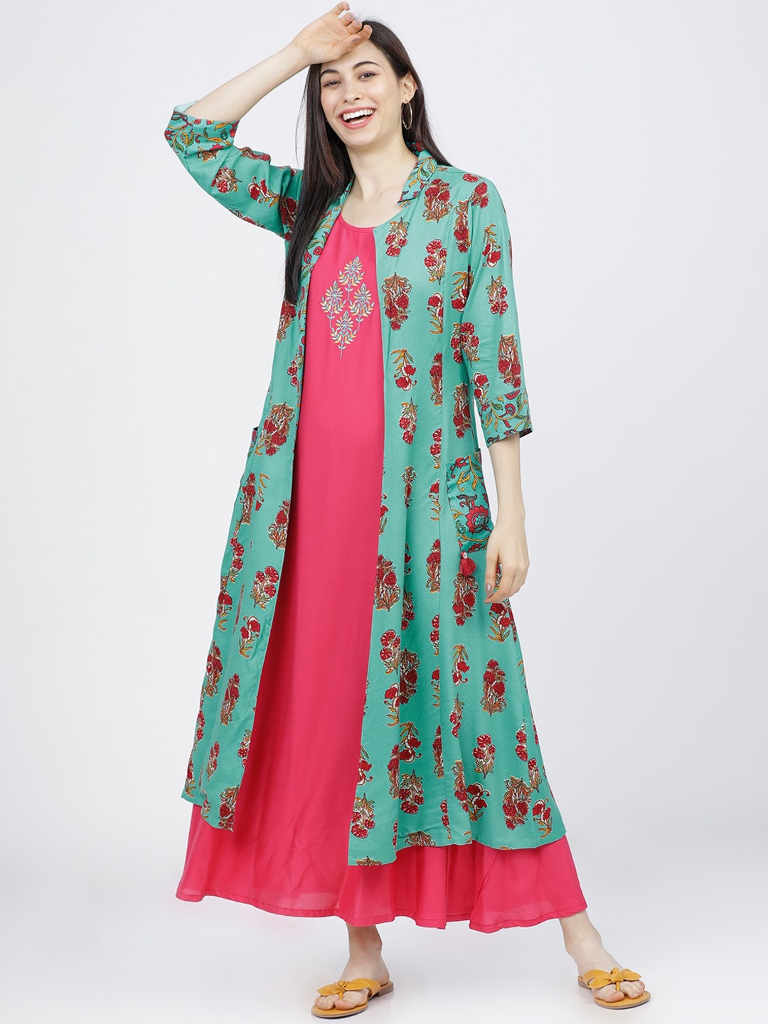 

Vishudh Pink & Turquoise Blue Maxi Dress With Printed Jacket