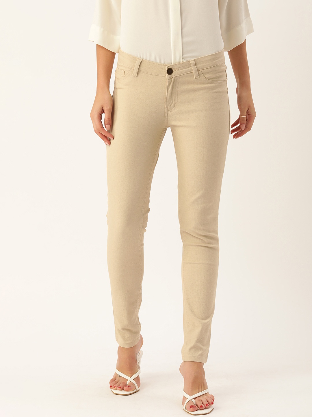 

AND Women Camel Brown Solid Mid-Rise Slim Fit Trousers