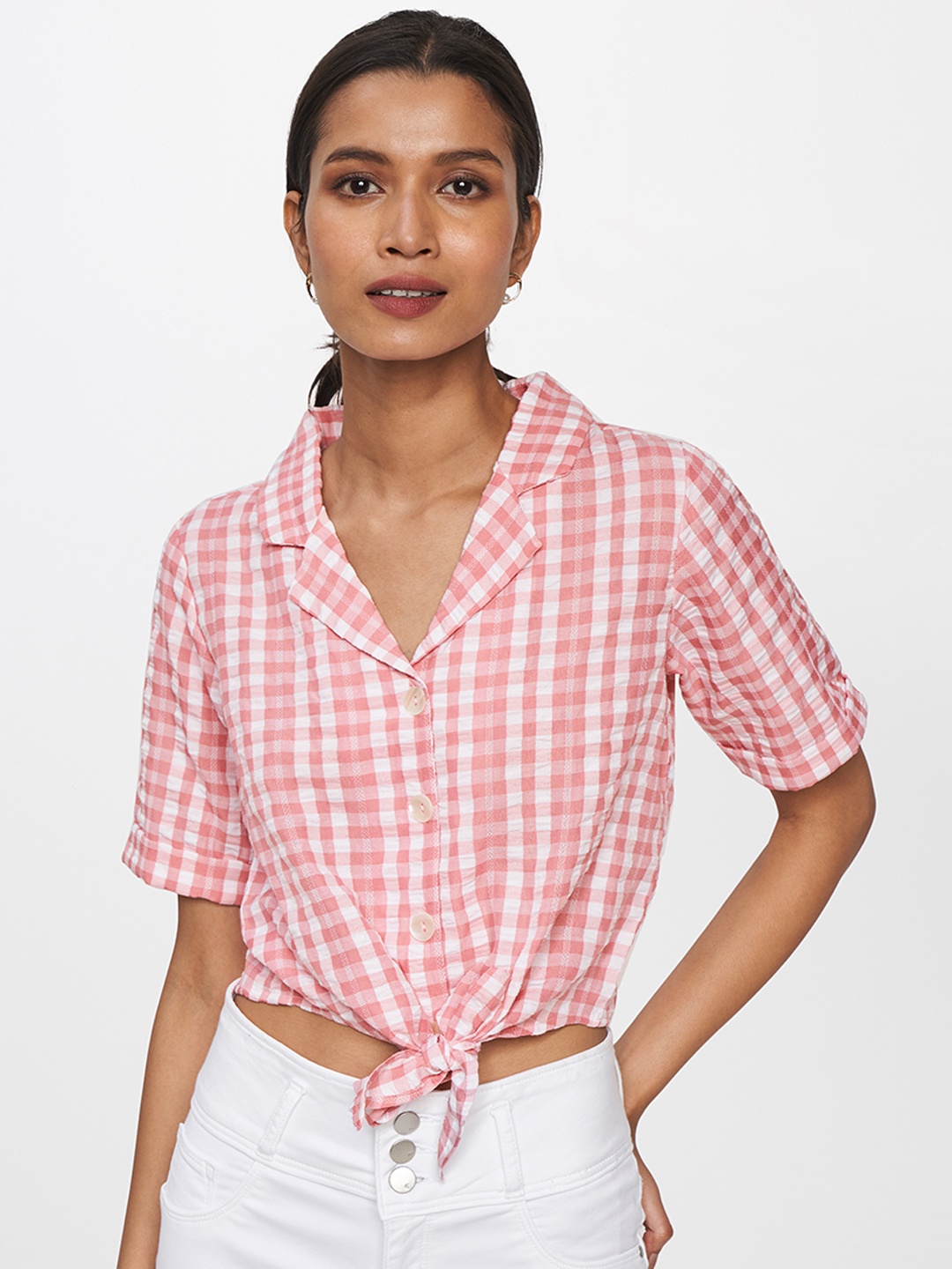 

AND Women Peach-Coloured & White Gingham Checks Opaque Casual Waist Tie-Ups Shirt