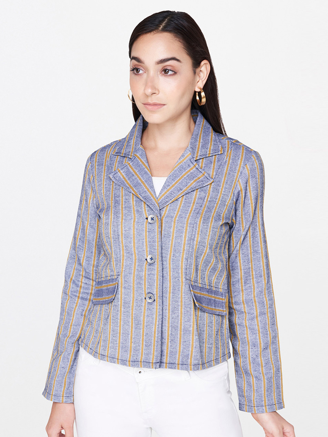 

AND Women Blue Striped Crop Tailored Jacket