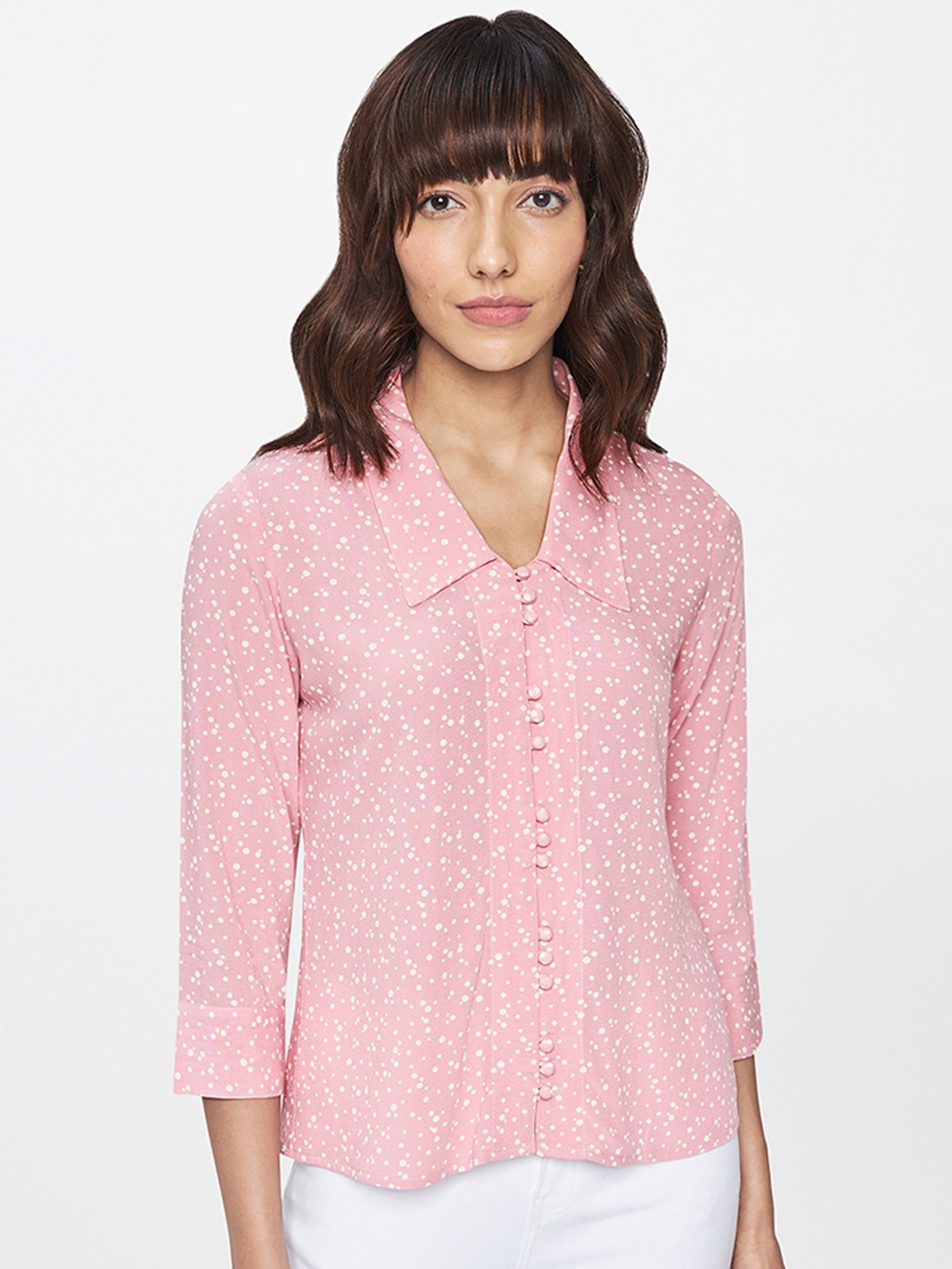 

AND Peach-Coloured & White Geometric Shirt Style Top