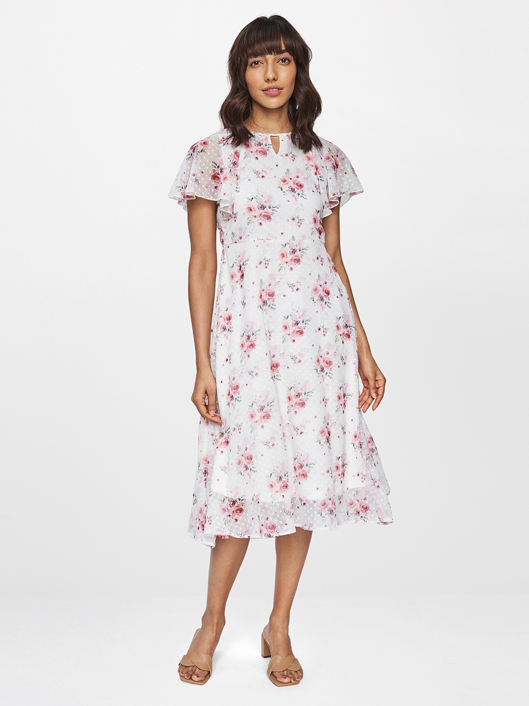 

AND White & Pink Floral Keyhole Neck Cape Sleeves Midi Dress