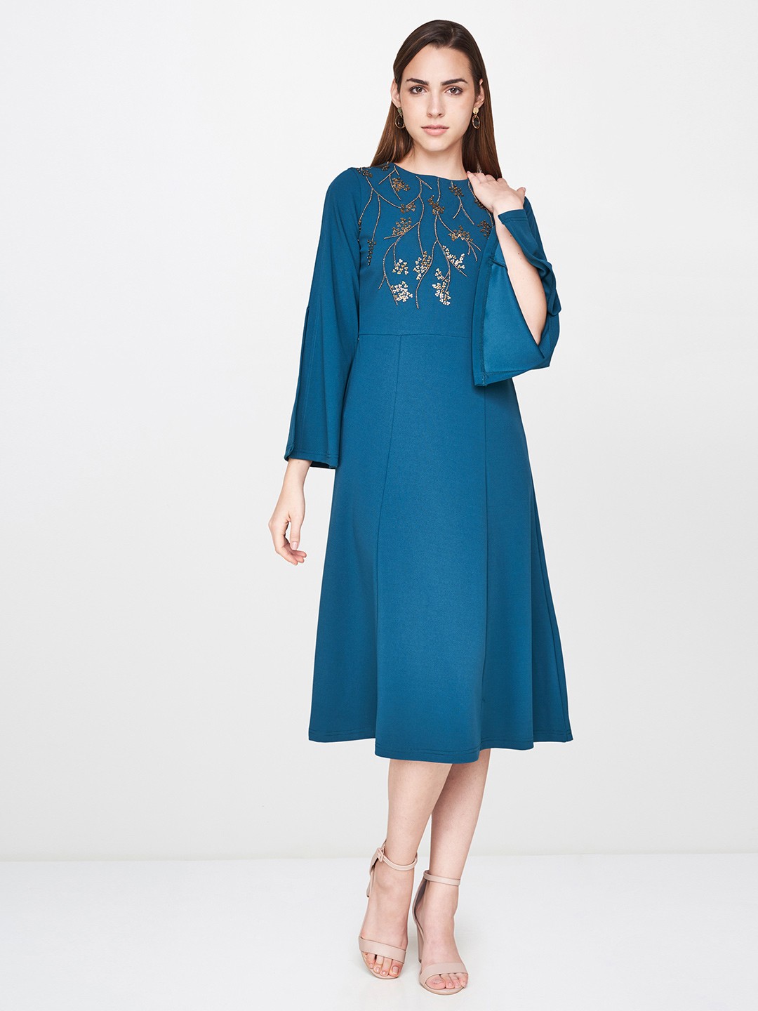 

AND Teal Blue Floral Embellished A-Line Dress