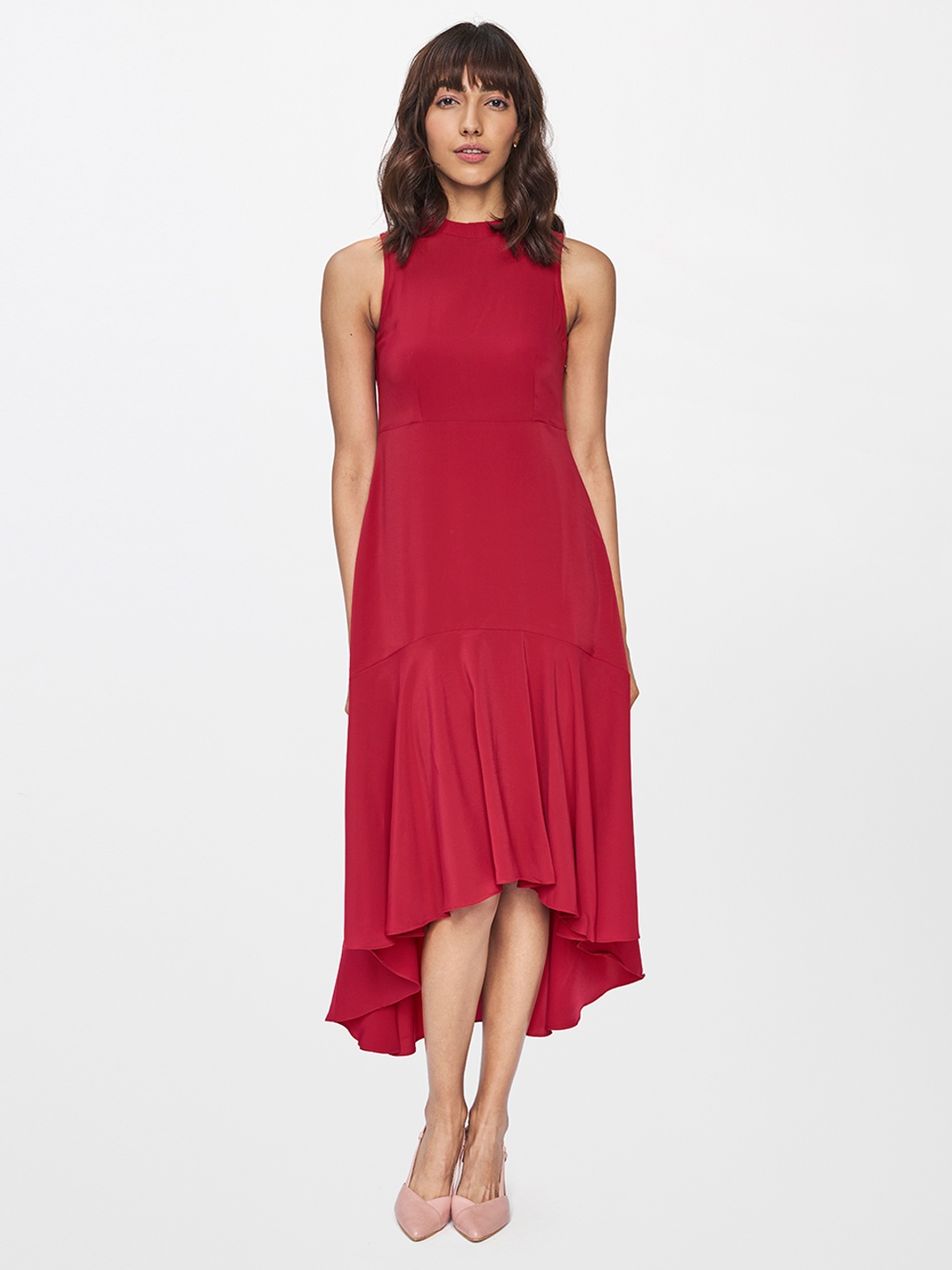 

AND Red Solid A-Line High-Low Hem Midi Dress