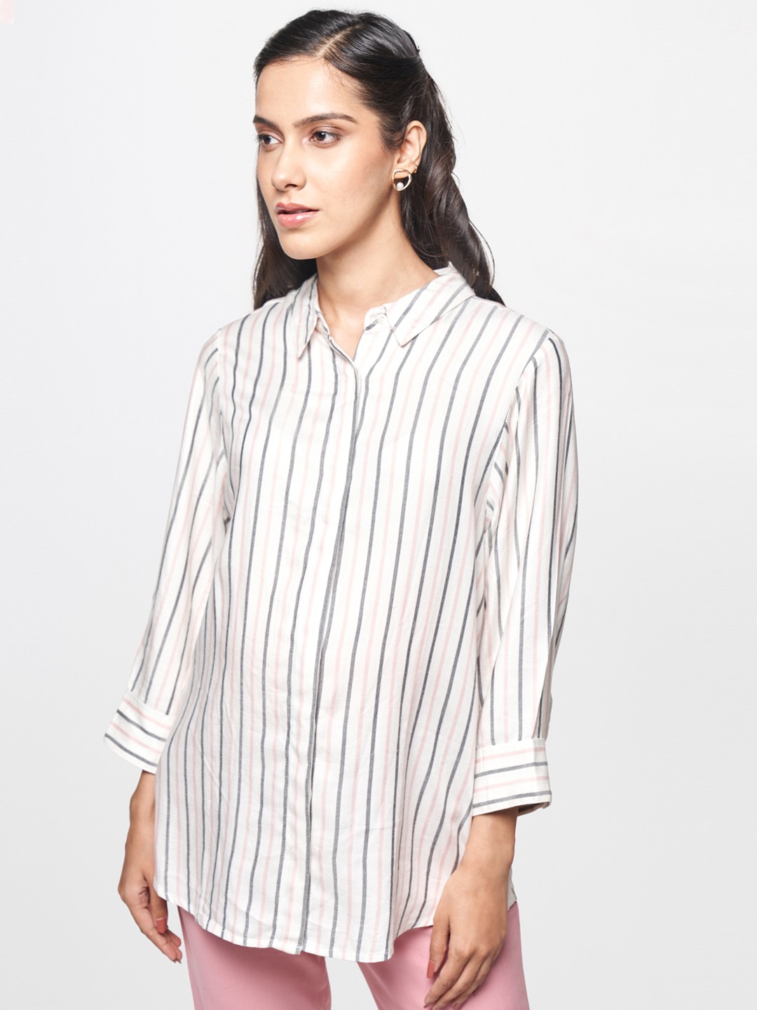 

AND White & Blue Striped Shirt Style Longline Maternity Top