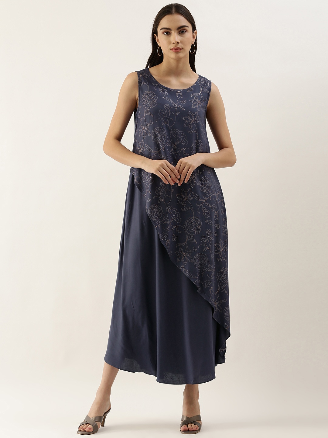 

AND Blue Ethnic Motifs Fit N Flare Casual Maxi Dress