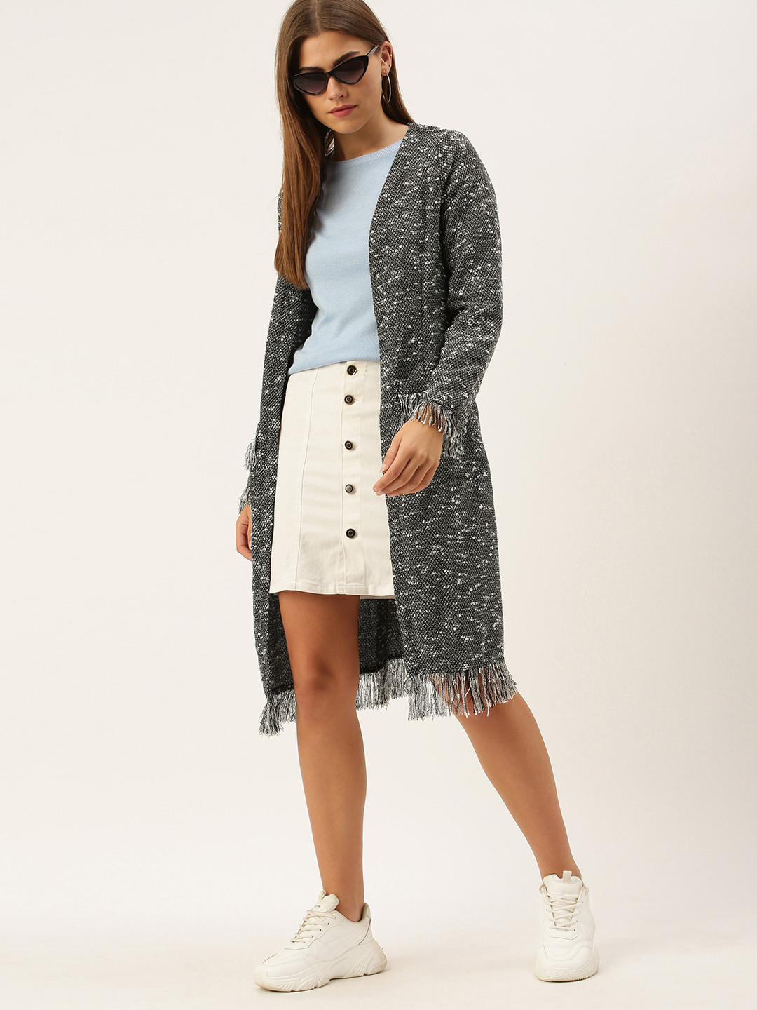 

AND Women Black & Grey Self-designed Longline Open Front Jacket