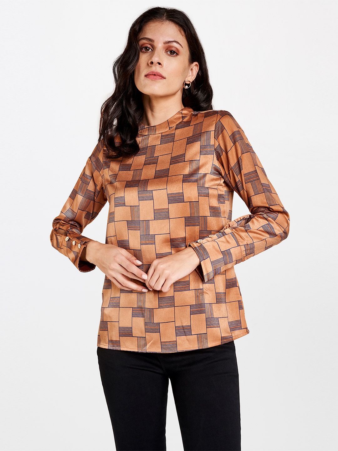 

AND Geometric Print Mandarin Collar Top, Rust