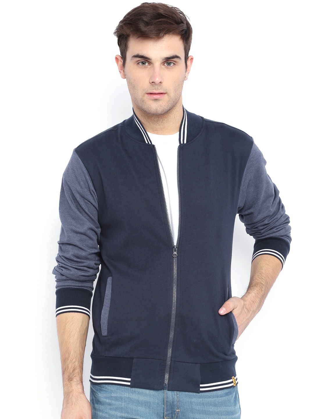 

Campus Sutra Navy Colourblocked Bomber Jacket, Navy blue