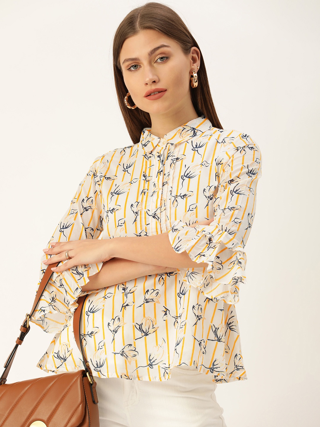 

AND White & Yellow Floral Print Pure Cotton Shirt Style Top