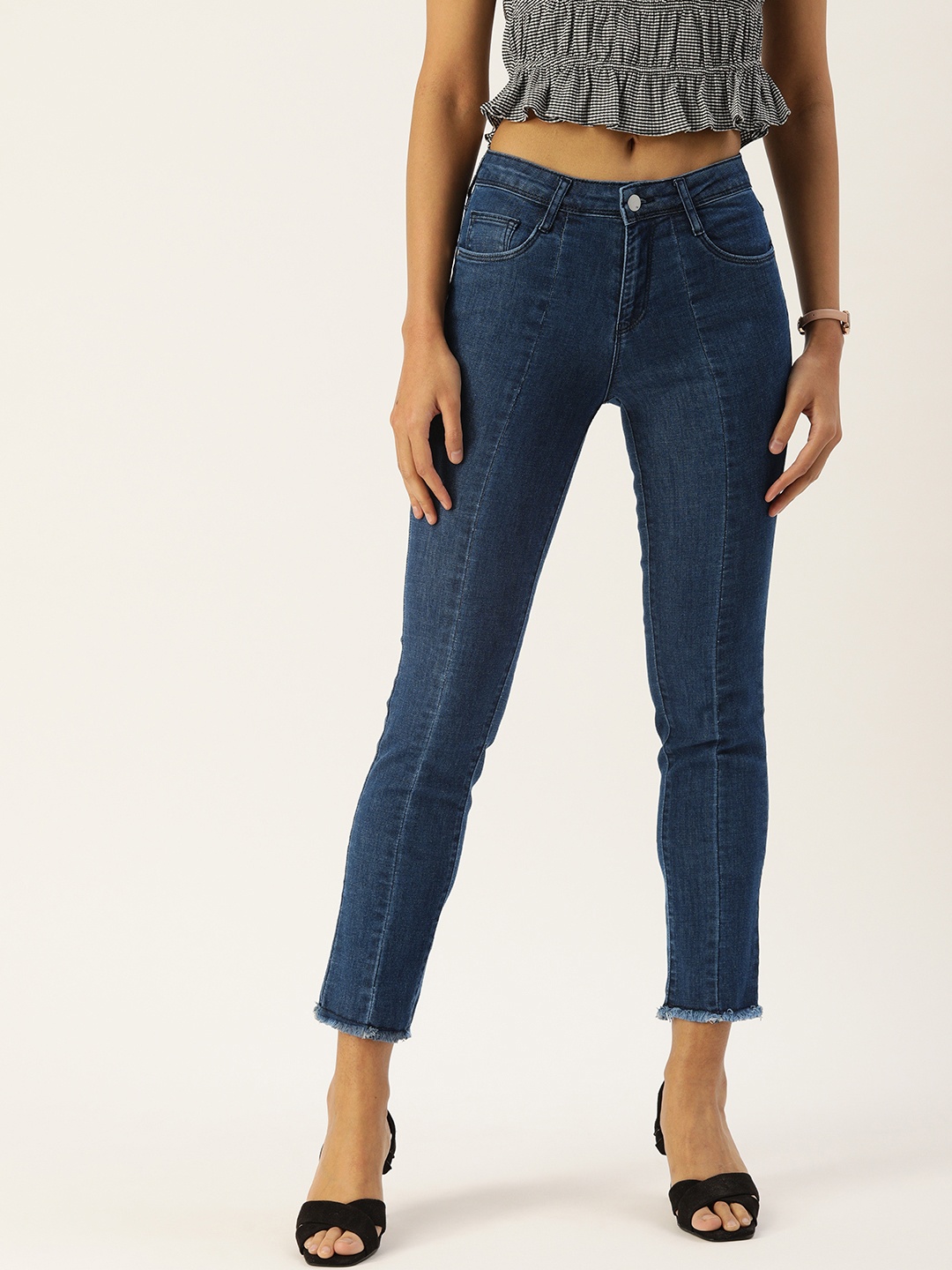 

AND Women Blue Straight Fit High Rise Light Fade Frayed Hem Stretchable Cropped Jeans