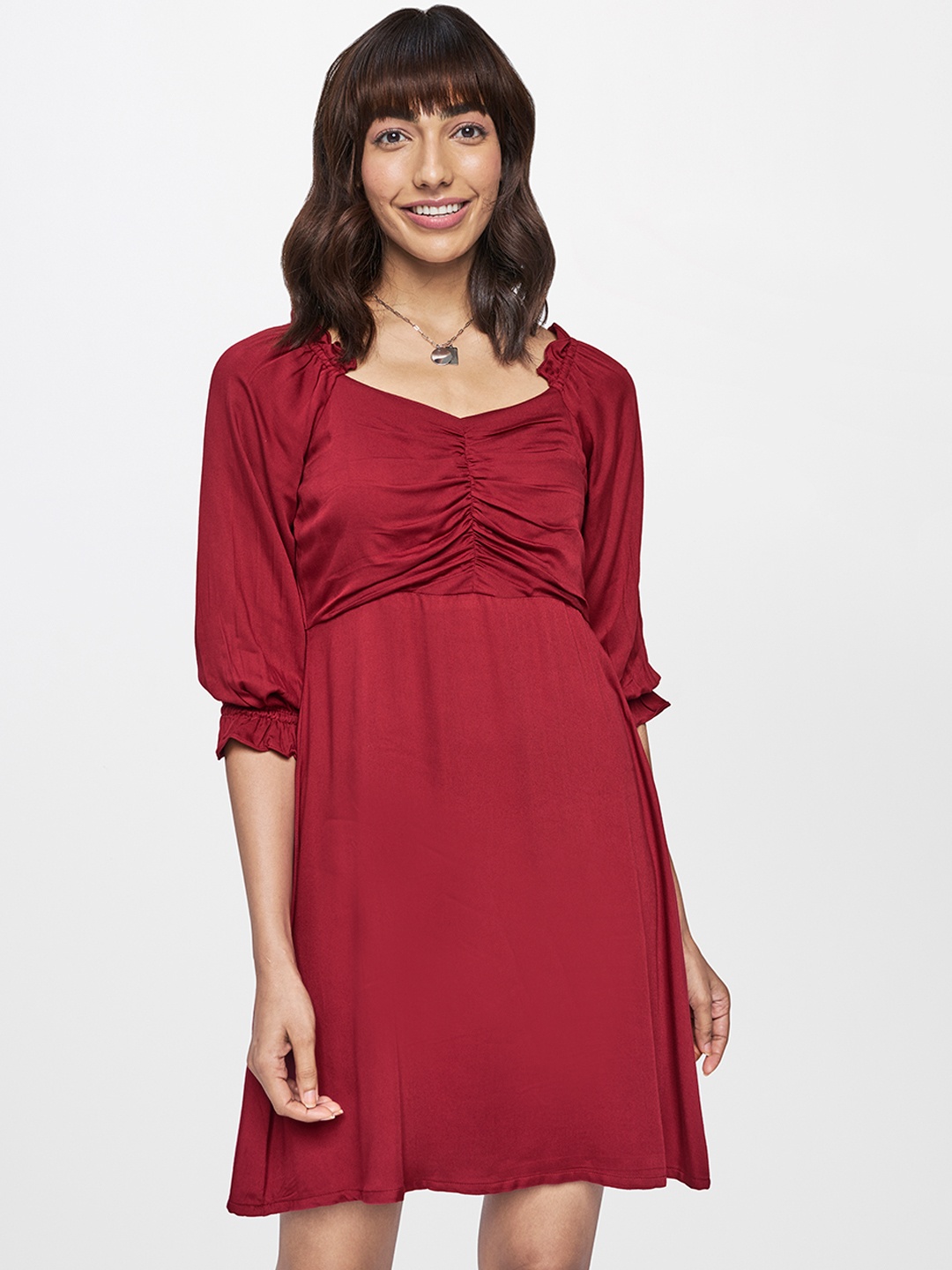 

AND Maroon Solid Fit and Flare Dress with Gathers